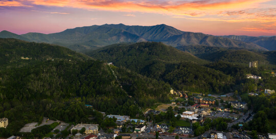 Looking over Gatlinburg Tennessee with a backdrop of the Smoky Mountains