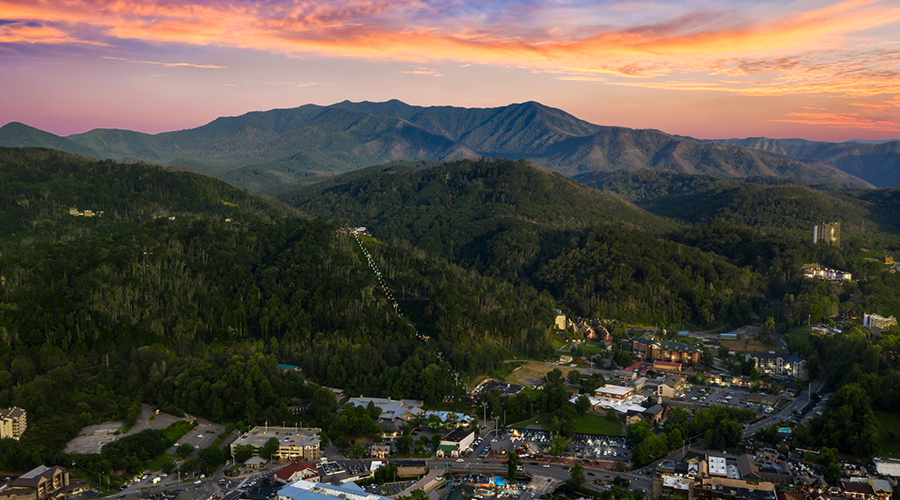 Looking over Gatlinburg Tennessee with a backdrop of the Smoky Mountains