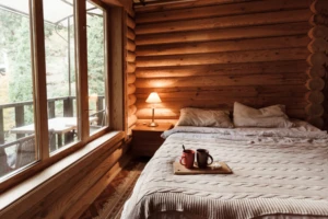bedroom inside log cabin