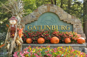 Gatlinburg sign decorated for fall