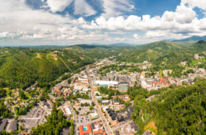 Wide aerial view of gatlinburg in sevier county